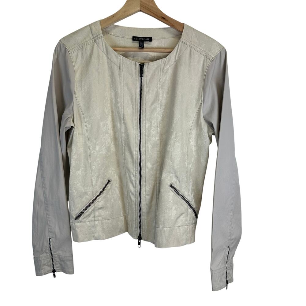 Eileen Fisher Cream Jacquard Full Zip Jacket Womens Size Medium Shiny Blazer